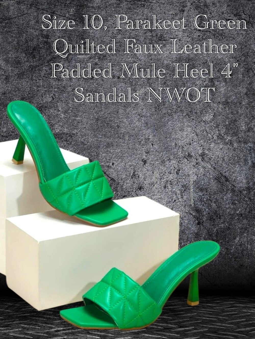 Parakeet Gr Quilted Faux Leather Padded Mule Heel Sq Toe Sandals - Size 10 NWOT